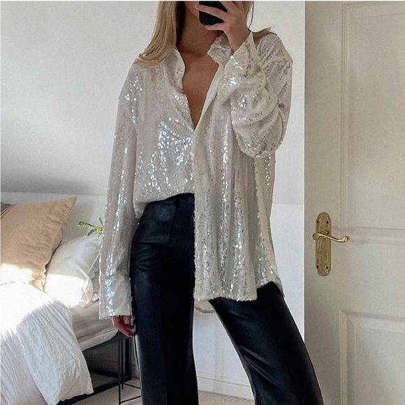 🎉New Sparkle & Shine Silver Long Sleeve Sequined Glitter Sheer Button Up Top - Picture 4 of 11